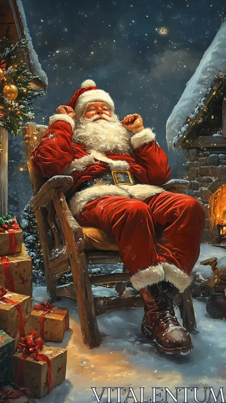 Santa Claus resting outdoors in snowy rustic cabin scene.