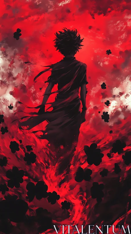 Silhouetted figure in red storm of abstract dark shapes.