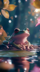 Tree frog on streamside rock in soft forest lighting.