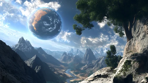 Planetary vista reveals dramatic alien mountain river valley