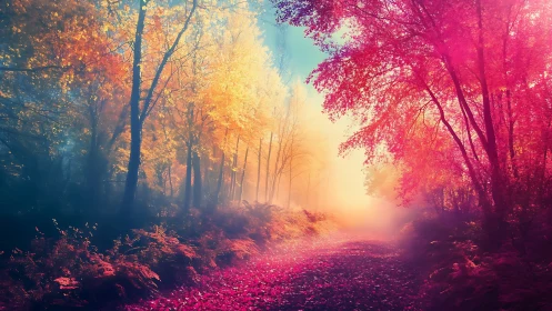 Luminous Forest Path with Vibrant Autumn Canopy.