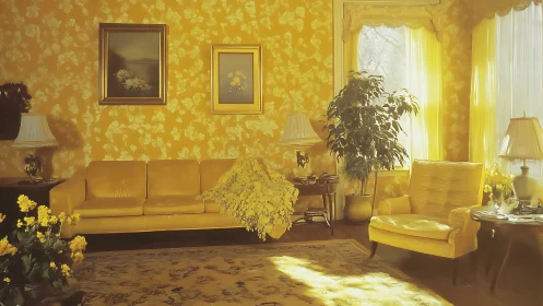 Sunny vintage living room glowing with golden comfort.