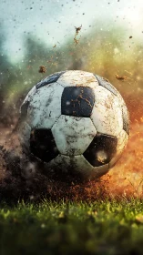 Soccer ball impacts wet grass and throws dirt into the air