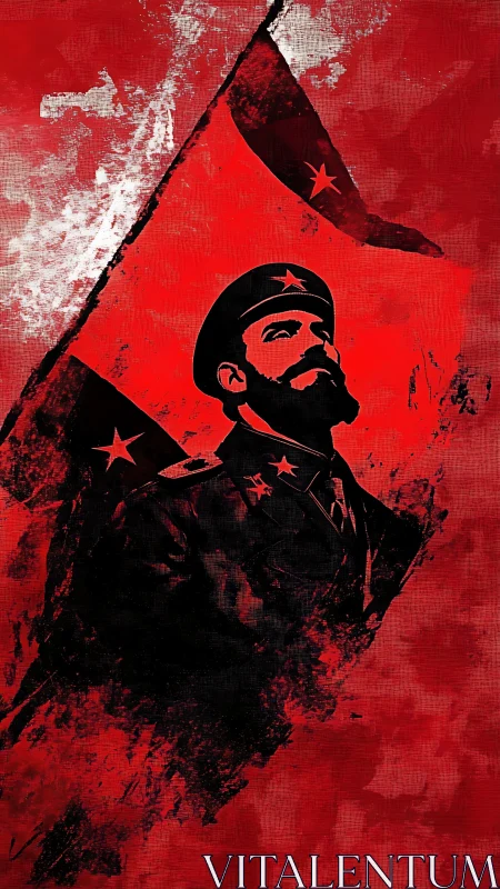 Revolutionary commander emerges from bold red propaganda haze