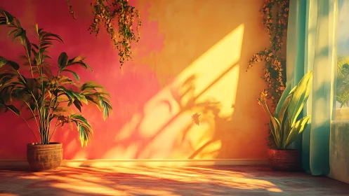 Sunlit tropical houseplants cast elongated shadows on wall