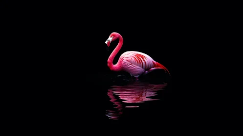 Solitary neon flamingo mirrored on black water surface.