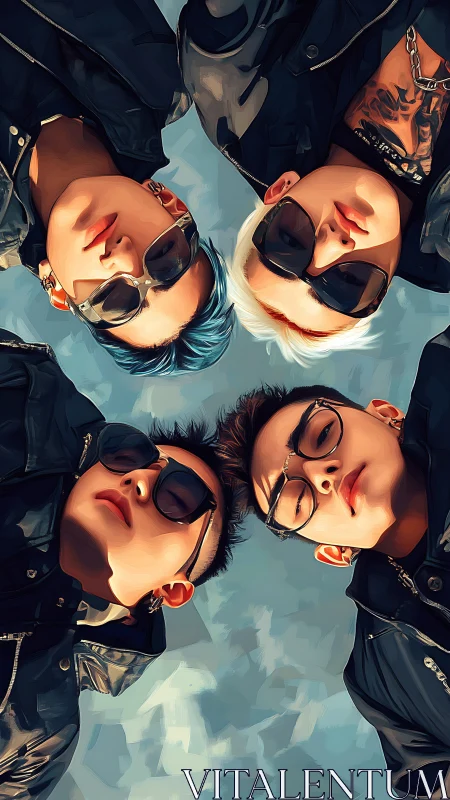 Streetwear crew circle frames skyward low-angle portrait.