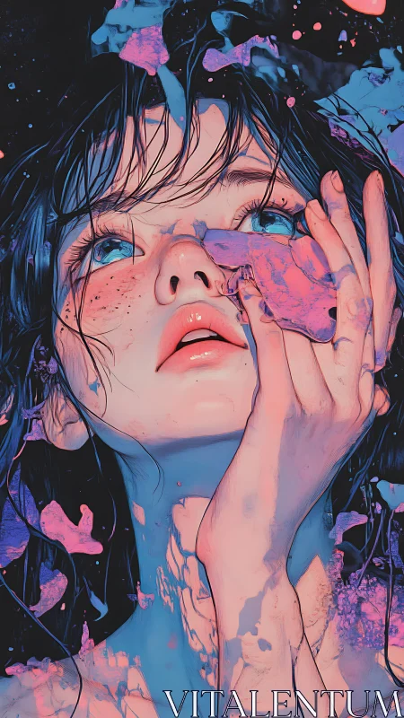 Woman gazes upward through neon pink and blue paint splashes