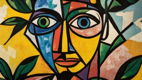 Abstract portrait of a face with colorful geometric shapes in cubist style.
