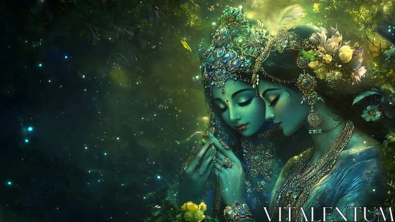 Divine blue lovers in jeweled forest light embrace softly.