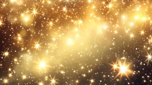 Golden bokeh starfield with radiant light flares and glittering dust