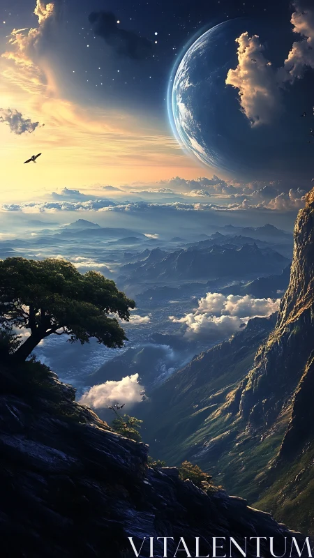 Planet-rise above luminous mountain valley under clouds.