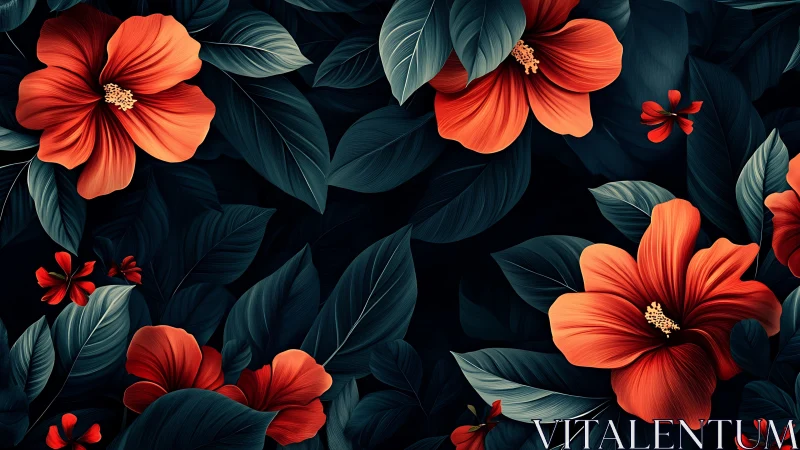 Vibrant Red Hibiscus Blossoms Against Deep Teal Foliage