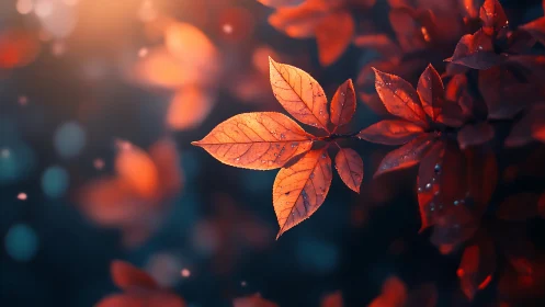 Gentle autumn leaves glowing softly in evening light.