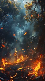 Forest fire with ember particles and smoke dispersal