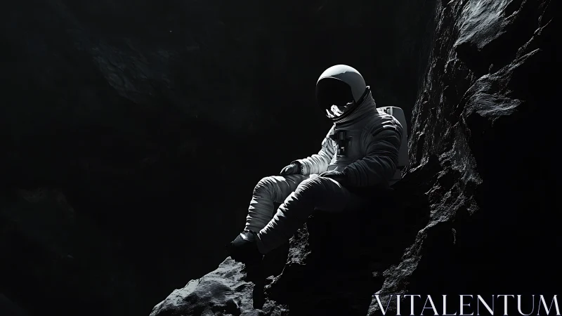 Solitary astronaut rests on shadowed lunar cliff edge