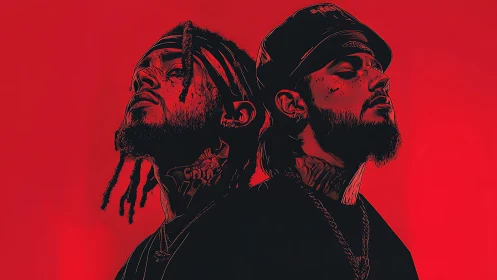 Back-to-back rebels carve silhouettes in electric red haze