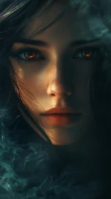 Ember-eyed enchantress emerging through whispered smoke.