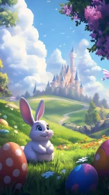 Easter meadow bunny with painted eggs before fairytale castle