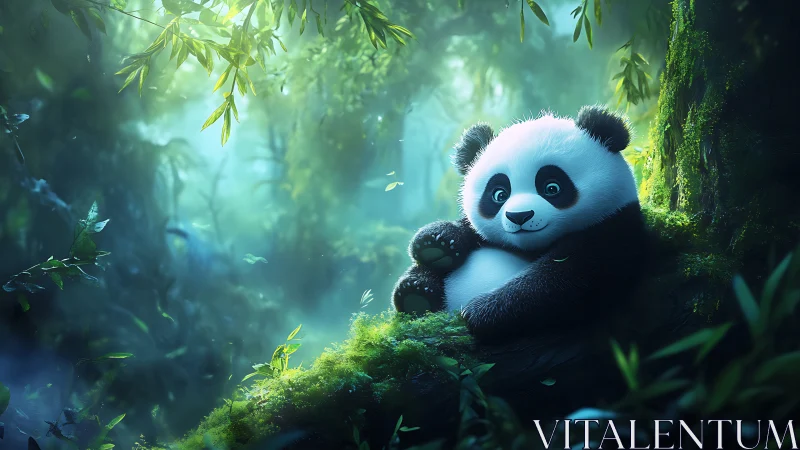 Playful baby panda resting in luminous mossy forest clearing.