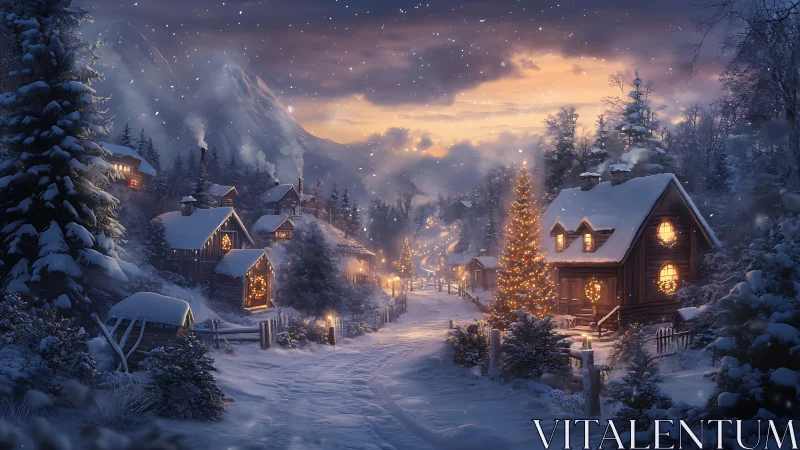 Snow-covered mountain village glows with warm holiday lights