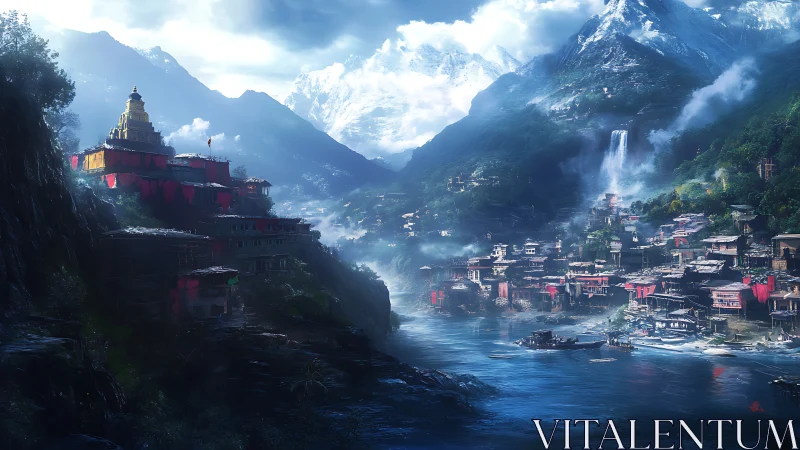Misty river valley village with glowing mountain temple.