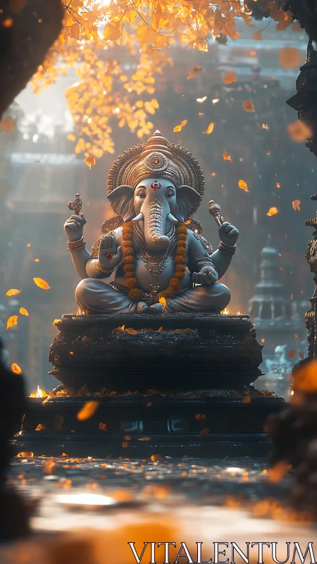Ganesh idol under autumn glow in cinematic temple courtyard.