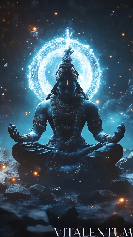 Blue meditative deity statue with glowing circular aura