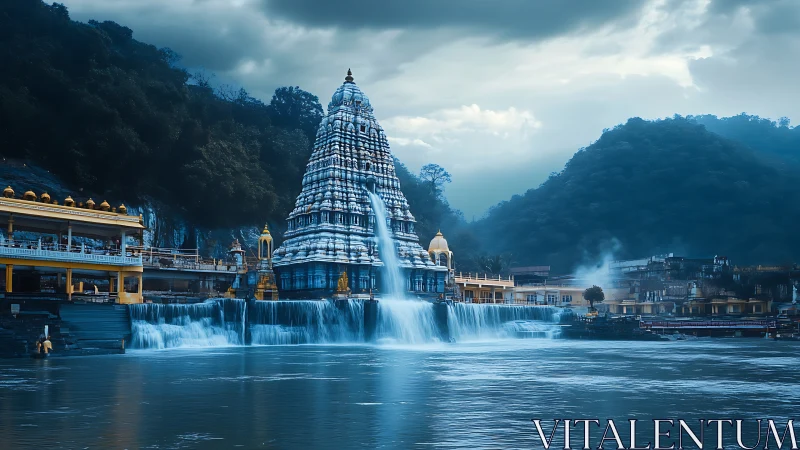 Mystic riverside temple with cascading waterfalls at dusk.