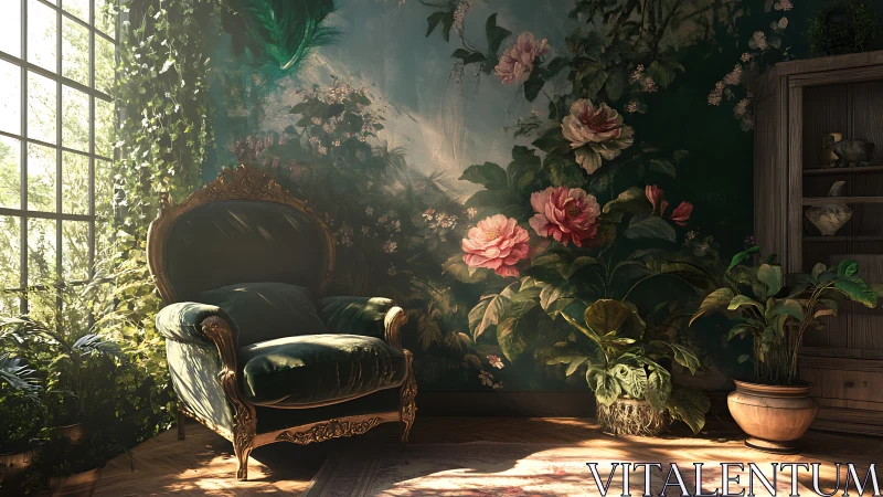 Velvet armchair in sunlit botanical salon with mural florals.