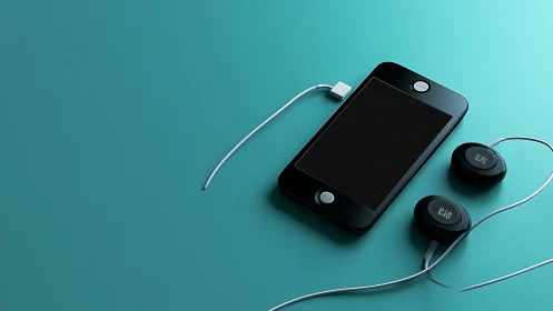 Sleek black media player with earbuds rests on teal surface