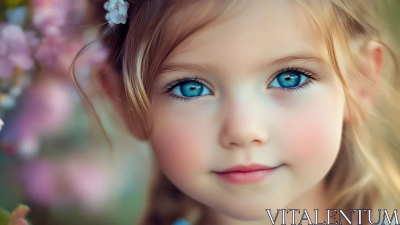 Young Girl with Striking Blue Eyes in Floral Garden.