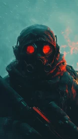 Postapocalyptic sniper in red gas mask glow, blizzard