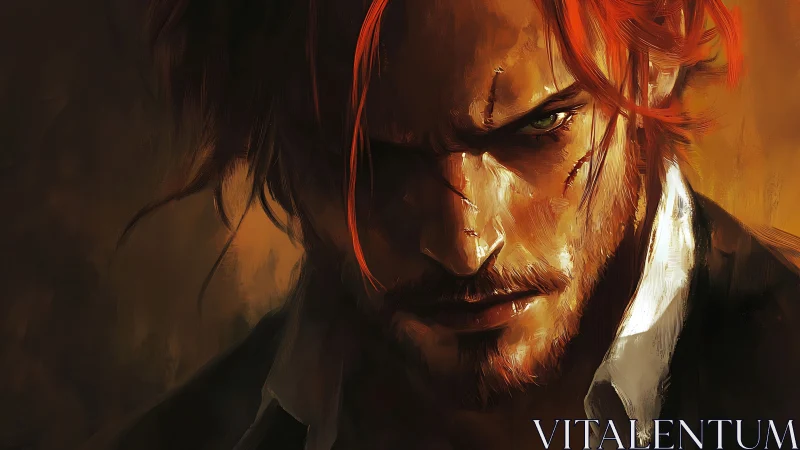 Scarred red-haired man rendered in dramatic painterly chiaroscuro