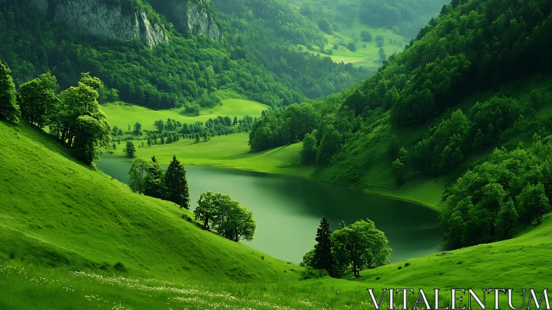 Green valley lake among forested hills under soft light.