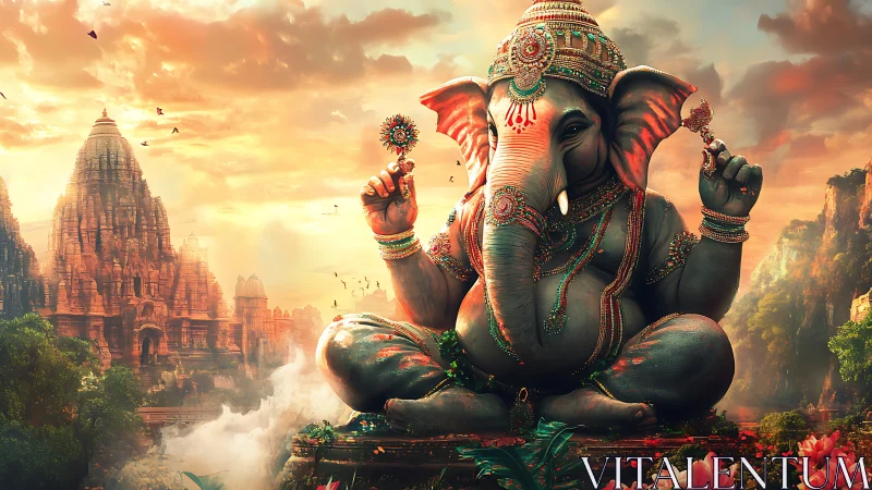Colossal ornamented Ganesh deity amid luminous temple valley.