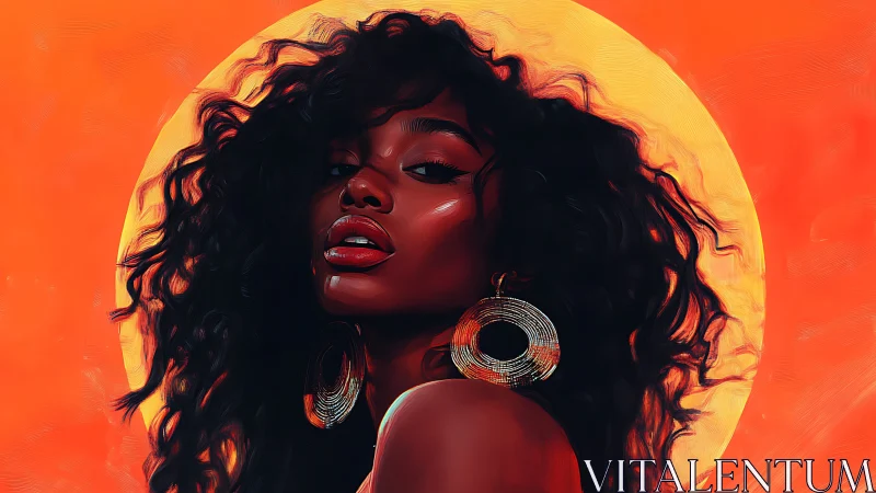 Digital portrait of woman against bold orange halo background.