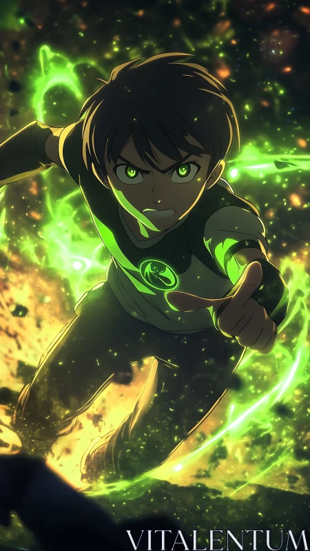 Dynamic anime boy channels radial green energy in mid-air attack
