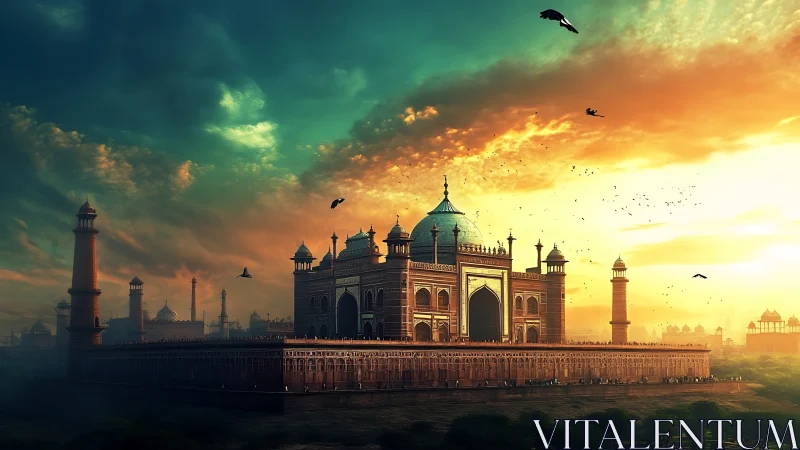 Sunlit Mughal-style fortress palace dominates dramatic skyline