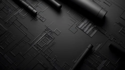 Futuristic Black Geometric Circuit Board in Minimalist Style.