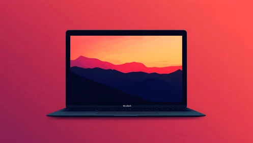 Laptop with stylized sunset landscape on gradient backdrop.