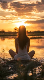 Backlit seated figure meditating at lakeshore during sunset