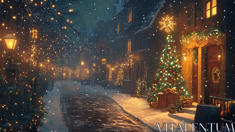 Cozy snowlit street glowing with festive holiday lights.