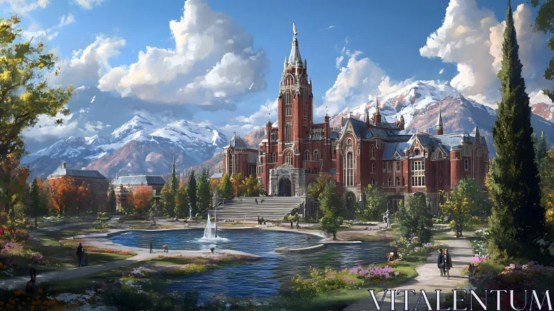 Gothic campus hall beside reflective pond and alps.