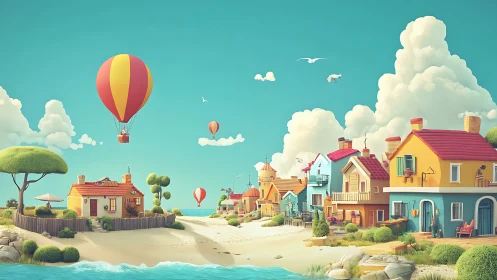 Coastal village scene with hot air balloons in pastel sky.
