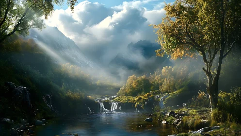 Mountain valley river scene shows waterfalls under clouds
