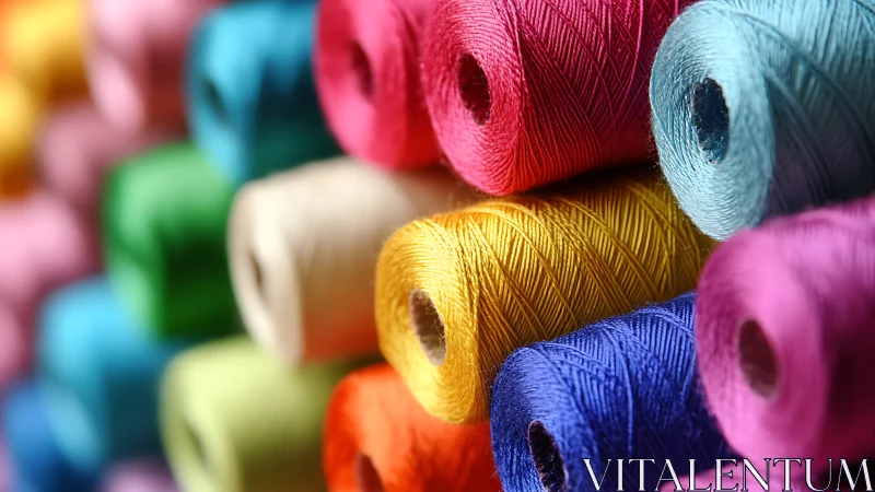 Colorful stacked thread spools in tight macro focus.