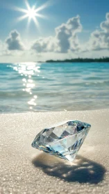 Sunlit crystal diamond rests on a tranquil tropical shoreline