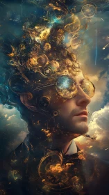 Cosmic thinker dissolving into swirling nebulae of light.