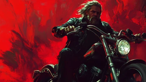 Bearded biker drives chrome motorcycle through red storm